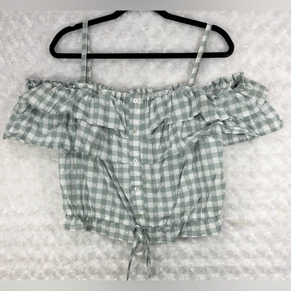 LC Lauren Conrad Size L Button Front Off the Shoulder Green Ruffled Crop Blouse